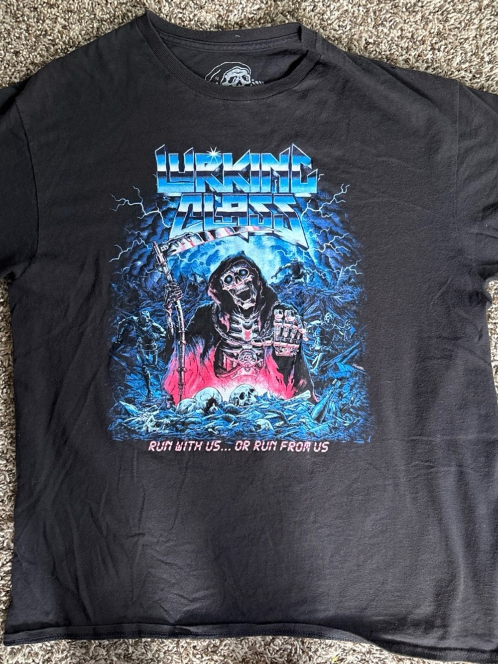 Men's Black Short Sleeve Graphic Tee with Blue & Pink Skull Reaper Print